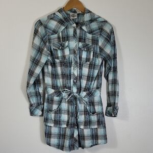 RODS Women Plaid Snap Button Up Shirt Dress Size XL Plaid Snap Hood Belt Pockets